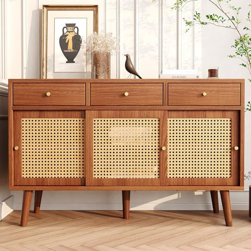 DRIXNO Sideboard, Chest of Drawers with 3 Drawers and 3 Sliding Doors, Rattan Weave on Door Fronts, Solid Wood Legs, Golden Metal Bow Handle, Adjustable Shelves, Walnut Colour, 120 x 40 x 78 cm