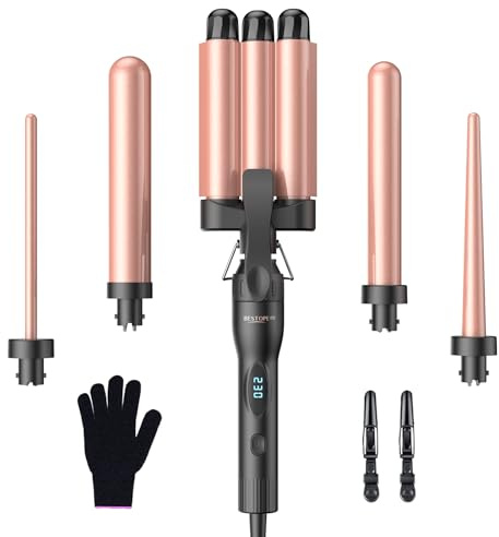 Plancha de pelo con guante Rosa Gold-BESTOPE PRO 6 en 1, rizadores grandes y pequeños, 9-32 mm (oro rosa)