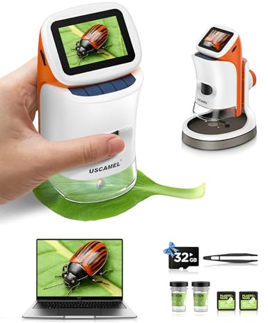 Mikroskop für Kinder mit Stand: Digitales Handmikroskop 100 – 1000 x: LCD-Display 4 K, 2,0 Zoll, USB, tragbar, Taschenmikroskop, mit wissenschaftlichen Kits, 15 Folien, 32 GB Speicherkarte