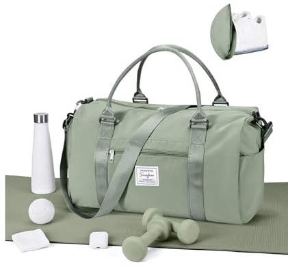 WEPLAN Sac de Sport Femme Homme Sac de Gym Léger Sac de Voyage avec Compartiment de Chaussures et Poche Humide Sacs de Sport Fitness Gym Duffle Bag Sacs Weekend Polochon Piscine,A9-Gris Vert