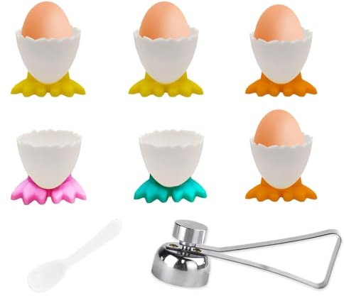 1 Pcs Egg Opener+ 6 Pcs Egg Cup, Egg Cups, Egg Topper for Boiled Eggs Egg Cups Set Cartoon Egg Chicken Feet Egg Tray Cute Egg Stand Holder for Creative Cutlery for Home Kitchen Decoration