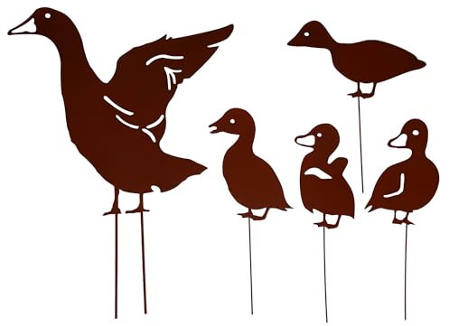 UNUS Décoration de jardin famille de canards, en métal aspect rouille, résistant aux intempéries et polyvalent, pour jardin, parterre et pot de fleurs