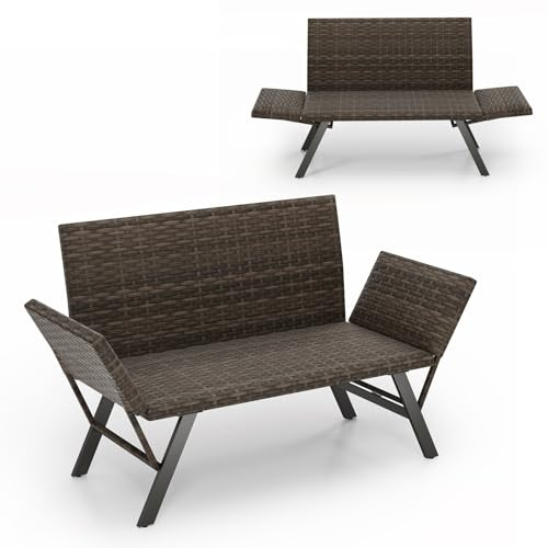 COSTWAY Divano Letto 2 Posti da Esterno in Rattan, Poltrona con Imbottitura in Schiuma e Braccioli Regolabili, Divano con Struttura Metallica per Cortile, Piscina, Portata 300 kg