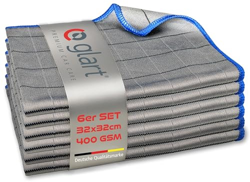 Glart 44C6B Carbon Glass Cleaning Cloths 6-Pack 32×32 cm 400 GSM microfiber Streak- & lint-free glass wipes Machine washable Carbon fiber structure for crystal clear windows