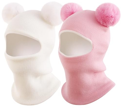 Exemaba Toddler Winter Hat Fleece Lined Scarf Set- 2pcs Kids Balaclava Hat Cute Pompom Warm Baby Earflap Beanies for 1-5y(White & Pink)