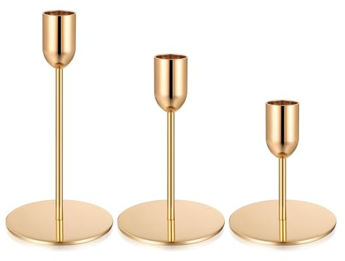 3 Pcs Candelabros para Velas, Portavelas Decoracion, Porta Velas Decorativas Doradas, Candelabros Dorados Cónicas de Metal para Decoración del Hogar, Bodas y Fiestas (Estilo Copa)