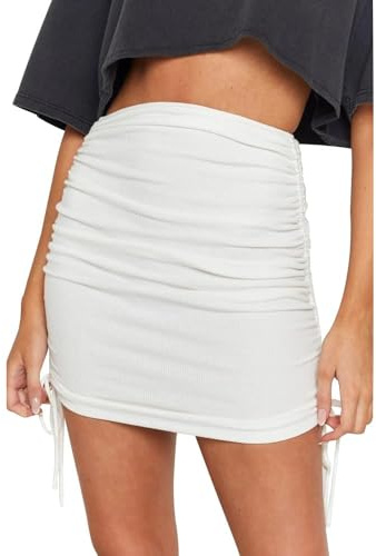 XFSRG Gonna Donna Estiva Corta Arricciata con Lacci Laterali Mini Gonna a Tubino Elastica Vita Alta Gonne Eleganti per Estate Casual Spiaggia Festa Aderente Minigonna(Bianco/M)