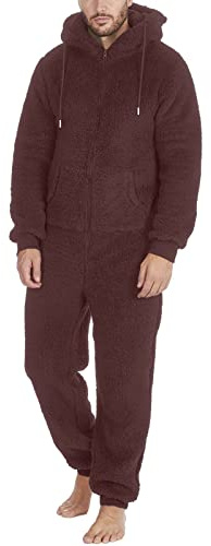 Generisch Pijama de manga larga de lana sintética para hombre, informal, monocolor, cremallera, suelto, con capucha, mono informal para invierno, cálido, 1 pieza, forro polar en ropa de dormir, marrón