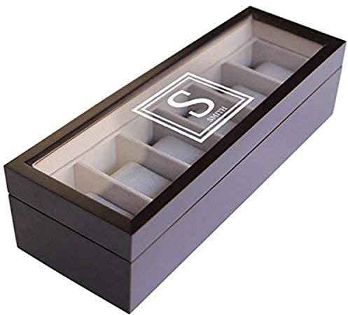 CASE ELEGANCE Edle Uhrenbox aus Echtholz für 6 Uhren mit Glasfenster Espresso mit Monogramm