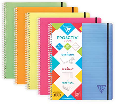 Clairefontaine 328176C Proactiv'Book Cahier-Trieur à Spirale Perforé - A4+ 22,5x29,7 cm - 160 Pages Détachables Lignées Cadrées avec Marge - Papier Blanc 90 g - Couverture Polypro - Couleur Aléatoire