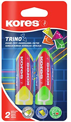 Kores - Trino: Farbiger Dreieckiger PVC Radierer mit Papierschleife für Kinder, Studenten und Erwachsene, ungiftig und kinderfreundlich, Schul- und Bürobedarf, 60 x 20 x 18 mm, 2 Stück Packung