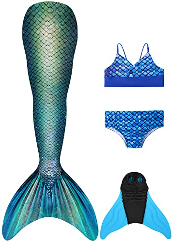 FOLOEO Mädchen Meerjungfrauenschwanz Zum Schwimmen mit Meerjungfrau Flosse- Prinzessin Cosplay Bademode für das Schwimmen mit Bikini Set und Monoflosse, 4 Stück Set, Mehrfarbig (MD24), 150
