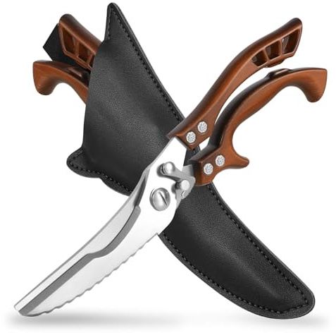 ANDONG Kitchen Scissors, Heavy Duty Professional Poultry Shears, Stainless Steel Spring Loaded, Dishwasher Safe, with Black Leather Sheath