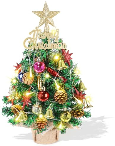 Tabletop Christmas Tree 21.65 Inch Mini Artificial Christmas Tree with 20 LED String Lights, Star Tree, Pine Cones Ornaments, Small Xmas Tree for Holiday Indoor DIY Christmas Decor