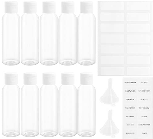 TRUEIN Bouteilles de Voyage 10 PCS, 60ml Flacons Vide Transparent, Bouteilles en Plastique Vides, Bouteille Cosmetique Plastique avec 2 Petits Entonnoirs, pour Le Vol, L'aéroport, Les Vacances