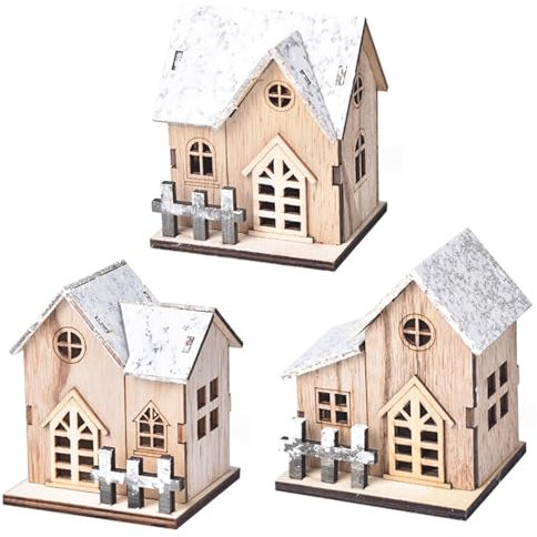 SunaOmni Ensembles 3pcs Led Lumineux Scène De Village De Noël En Bois Mini Décorations De Maison À Piles Pour Table Fenêtre Chambre
