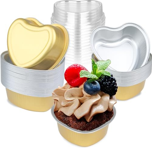 EDUEE Heart Shaped Cake Pans 3.5inch, Aluminum Foil Heart Cake Pan with Lids, 25 pcs Disposable Small Heart Baking Cupcake Pan 3.5oz for Valentine's Weddings Birthday(Gold)