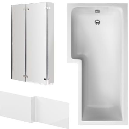Balterley 1700 x 850mm L Shape Shower Bath with Leg Set, 3 Panel Chrome Center Hinge Shower Screen & L Shaped Bath Panel, Left Hand Single Ended Gloss White Soaking Baths, Acrylic Baths (White)