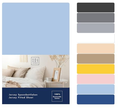VelvetHome Spannbettlaken 180x200cm 100% gekämmte Baumwolle Markenqualität Oeko-TEX 100 Bettlaken Spannbetttuch Jersey 180x200 Hellblau