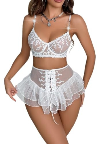 Satohom Women's Sexy 3 Pieces Lingerie Sets Lace Underwire Naughty Babydoll | Push Up Sheer Bra and Mesh Mini Skirt with Thong, Heart Embroidered Naughty Teddy Underwear, for Valentine Nightwear Bedroom