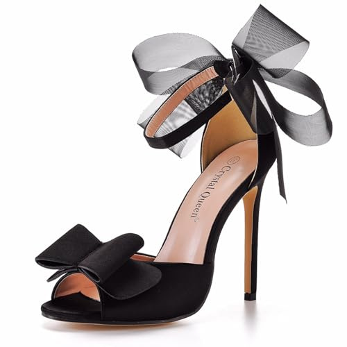 Chaussures de mariée en Dentelle et Maille avec nœud pour Femmes, Talons Aiguilles Confortables, Bride à la Cheville, Sandales à Talons, Escarpins à Bout Ouvert, Chaussures,Noir,38 EU