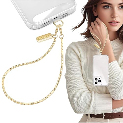 VelvetGlow handledsrem för telefon, metallkedja handledsrem, avtagbar mobilsnodd med fästflik, handsfree iPhone-berlock för kvinnor flickor fest resor shopping, guld