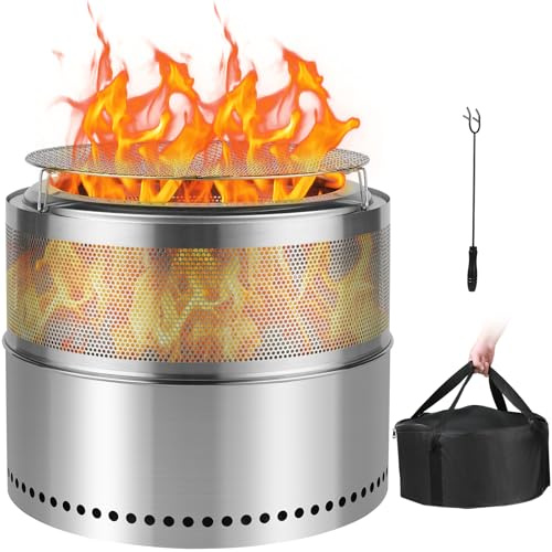 SMOOL 50cm Feuerschalen Tragbare Rauchfreie Feuerschale aus Edelstahl mit Grillrost, Schürhaken & Mehrzwecktasche Abnehmbarer Aschekasten, Feuerstelle Ideal für Terrasse, Garten, Camping & Outdoor