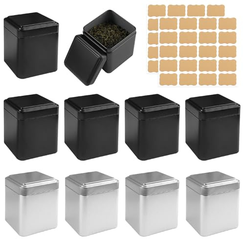 HIKPACKER 9 unidades Tarros de Té Clásicos Rectangulares para Té Suelto, 7 x 7 x 8.5 cm Bote para Te a Granel, Botes de Metal Cuadrados, para Té, Café, Azúcar, Ideal Como Harina, Arroz o Galletas