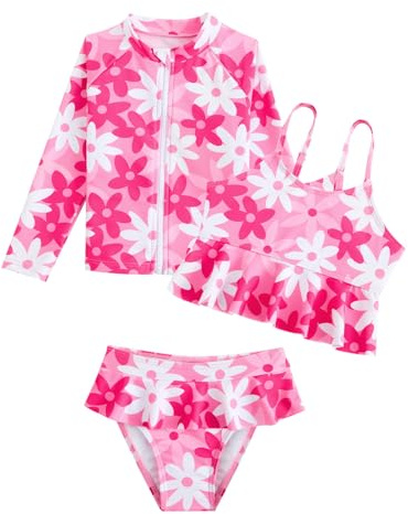 WYTbaby Traje de baño de 3 piezas para niñas, conjunto de camiseta de protección contra erupciones de manga larga con volantes y pantalones cortos tankini para niñas de 3 a 9 años