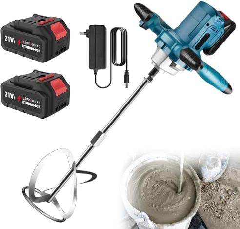 Malaxeur Mortier Colle avec 2 Batteries 1500mah,Mélangeur à Béton 6 Vitesses,900rpm,Tige Spirale M14,Betonniere Électrique Pour Mélanger Aliments,Plâtre,Peinture,Ciment,Mortier (Bleu)