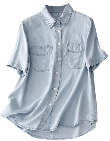 Chemise en jean tendance à manches courtes et col à revers pour femme - T-shirt décontracté léger et ample en denim pour femme - Chemisiers en chambray élégants et décontractés - Vêtements de travail