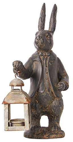 NIKKY HOME Easter Bunny Decorations, Vintage Resin Bunny Figurine with Lantern, Metal Rabbit Tealight Candle Lantern Holder Rabbit Outdoor Statues Gift for Garden Home