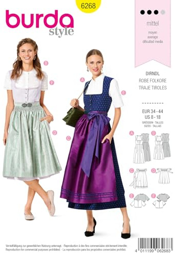 Burda Style Schnittmuster #6268 Damen Dirndl in 2 Längen mit Bluse und Schürze Gr. 36-46
