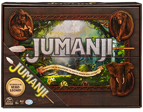 Spin Master Games Editrice Giochi, Jumanji, Jumanji Il Gioco da Tavolo in Legno, Formato Deluxe, Giochi da Tavola di Avventura per Famiglie e Amici, da 2 a 4 Giocatori, 8+ Anni