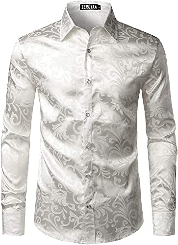 PARKLEES Men's Slim Fit Long Sleeve Dress Shirt with Luxury Floral Print, Silk-Like Satin Fabric, Versatile Occasion-Wear for Wedding, Party, Prom, Business, Casual - XL | Jacquard Printend, Long Sleeve, Satin, For Wedding Party, Button Down, Button Up