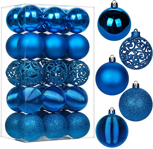 30 pcs Christmas Baubles Xmas Ball Ornaments with Strings, 60mm/2.4 Blue Shatterproof Plastic Hanging Decorations, Christmas Tree Pendants for Home Party Wedding Holiday