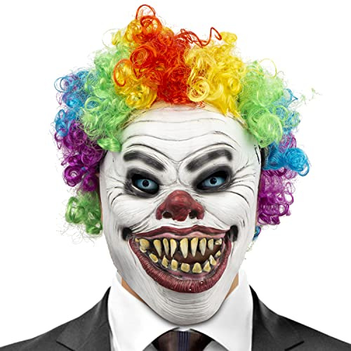 PartyHop Clown Mask with Wig Moving Jaw Latex Full Head Scary Horror Mask Fancy Dress for Halloween Carnival Costume Party