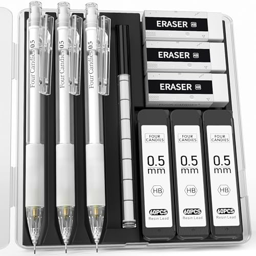 Four Candies Pastell Druckbleistift Set mit Etui 3 transparente Weiß 0.5mm Druckbleistifte mit 180 HB Bleistiftminen 3 Radiergummis und 9 Radiergummi-Nachfüllungen zum kinder Schreiben von Skizzieren