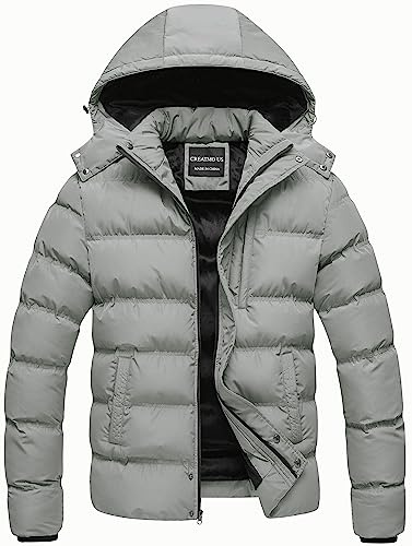 CREATMO US Mens Puffer Jackets Men's Jacket Warm Parka Anorak Winter Coat with Detachable Hood Light Grey M