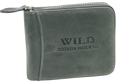 WILD THINGS ONLY !!! Herren Geldbörse aus Echt-Leder mit umlaufendem Reißverschluss & RFID Schutz (Querformat, Grau)