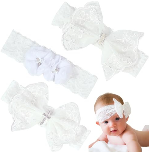 Fasce per Capelli Bambina,Forreen 3 Pezzi Fascetta Neonata Battesimo Elastici Grazioso Fiocco in Pizzo Fascia per Capelli Elegante Accessori per capelli per Feste Matrimoni Servizi Fotografici