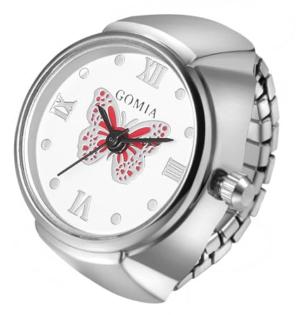 Lancardo Ring Watch for Women Elastic Band Butterfly Arabic Numerals Dial Quartz Movement Bling Silver Tone Finger Watch