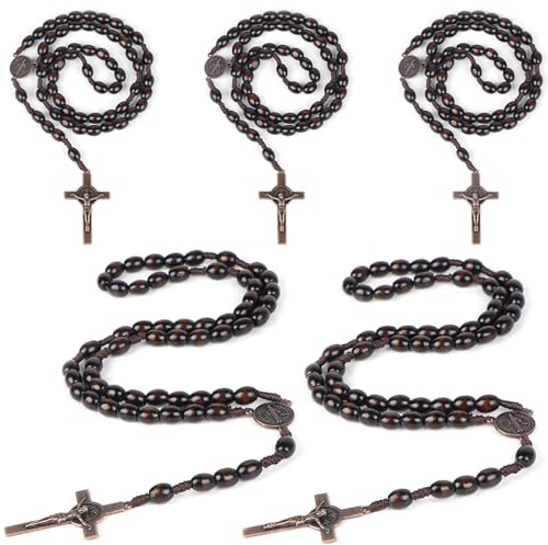 SWAWIS 5 Stück Rosenkranz Halskette Katholisch Naturholz Gebetskette Kreuz Kette für Katholische Christen Religiöse Kommunion, Taufe, Messe, Bibel
