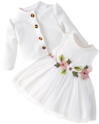 Yoolhamy Flickor klänning och koftor set långärmad bomull prinsessan Tutu klänningar med kappa Outfit för flickor, Ärmlös vit, 18-24 M�nader