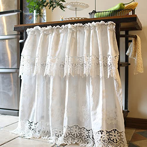 A.Monamour Tenda Corta per Finestra Piccola Ricamo Floreale In Pizzo Di Cotone Bianco Testurizzato Rurale Tendina Tenda da Cucina Bistrot Caffè Mezza Tenda Mantovana Tenda a Vetro Tenda a Pannello