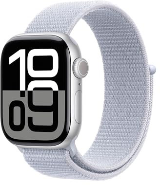 Apple Watch Series 10 (42 mm GPS + Cellular) Montre connectée avec Boîtier en Aluminium Argent et Bouchle Sport nuée Bleue. Suivi de l’activité Physique, app ECG, Neutre en Carbone