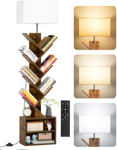 OUTONLIFE Petite Bibliothèque Arbre en Bois sur Pied avec Éclairage, Étagère à 9 Niveaux avec Télécommande et Armoire, Meuble d’Angle pour Livres, CD et DVD, pour Salon, Chambre, Bureau(Rustic Brown)