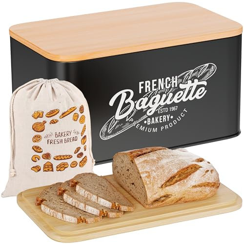 Hovea - Brotkasten Schwarz „French Baguette“ - 30 x 18 x 13,7 cm - Metall & Bambus - Inkl. Brotsack - Für Brot, Toast, Zwieback - Aufbewahrung & Frischhaltung - Brotbox - BP301