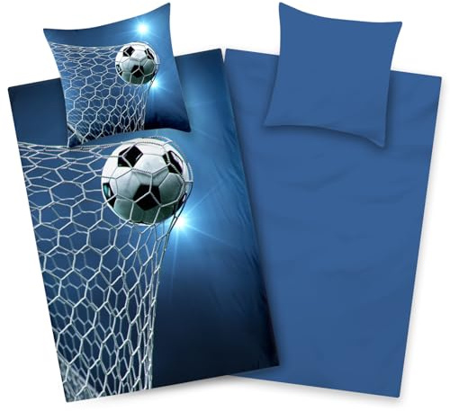 Aminata kids Mikrofaser Bettwäsche Fußball 135x200 Jungen Jugendliche mit Reißverschluss - Bügelfrei - vorteilhaft für Allergiker - bunt blau