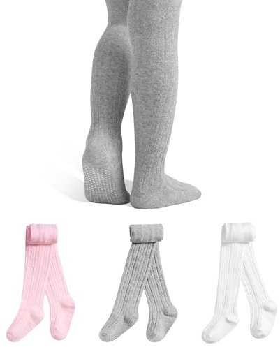 GENTABY - Collant per neonati, per ragazze, antiscivolo, 3 paia, in cotone, calze per bambini, per neonati, motivo a treccia, calde, 0-6 anni, 2-4 Jahre